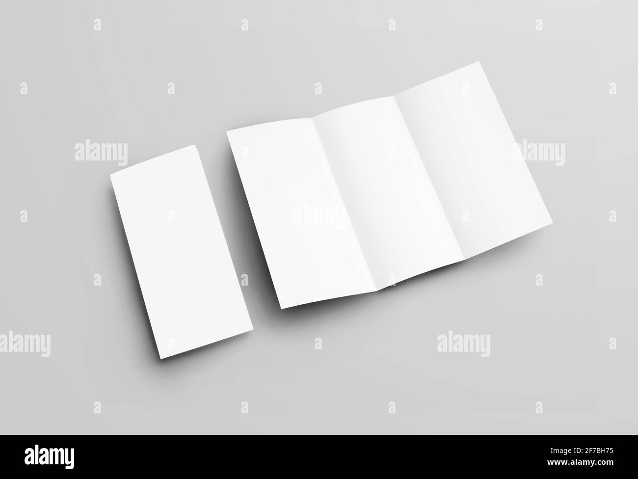 Mockup of open and closed blank trifold with realistic shadows, for presentation of design, front view. Standard leaflet template with roll fold isola Stock Photo