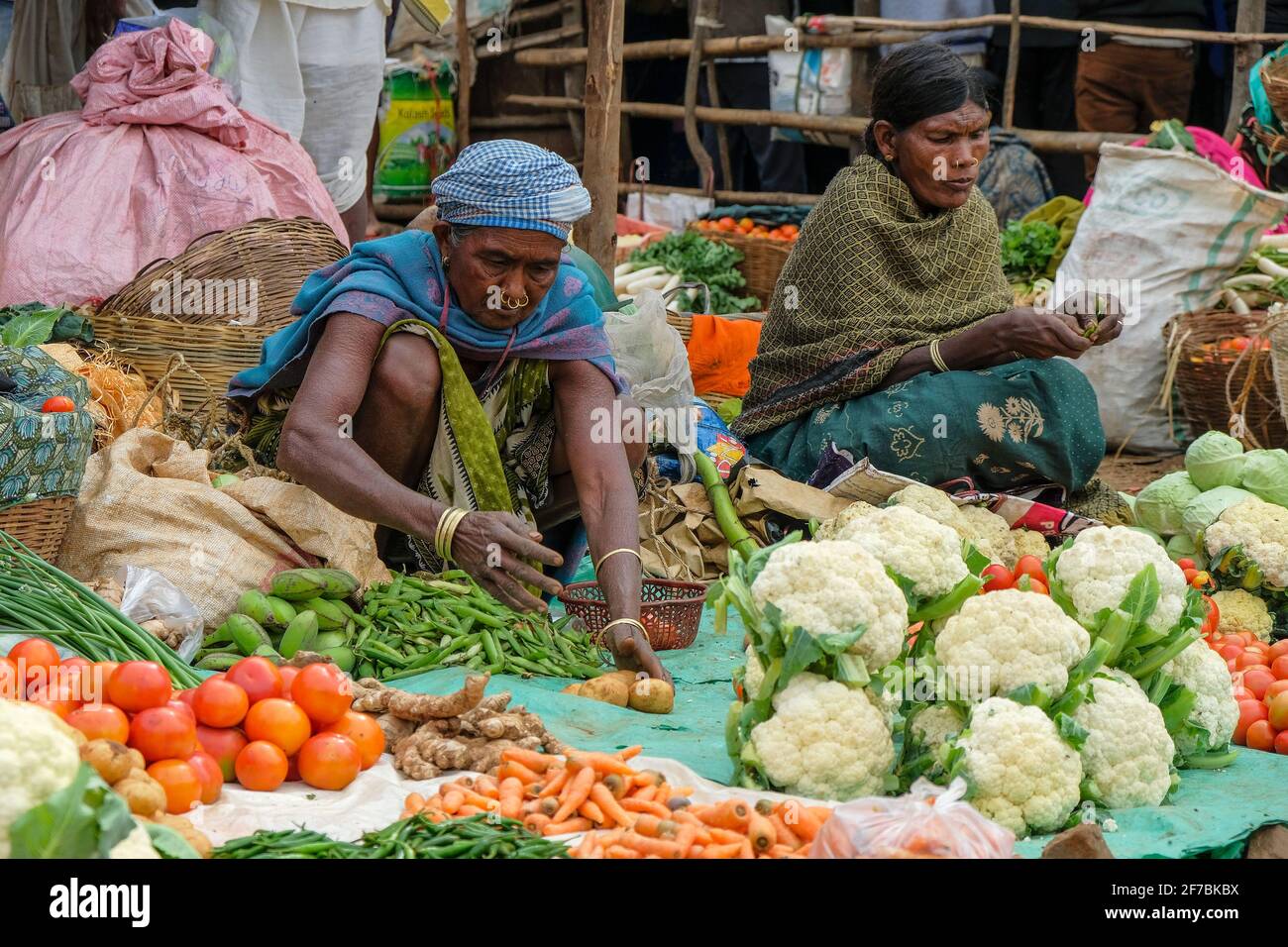 Kunduli, India - February 2021: Adivasi women from the Desia Kondh tribe selling vegetables in the Kunduli market on February 19, 2021 in Odisha. Stock Photo