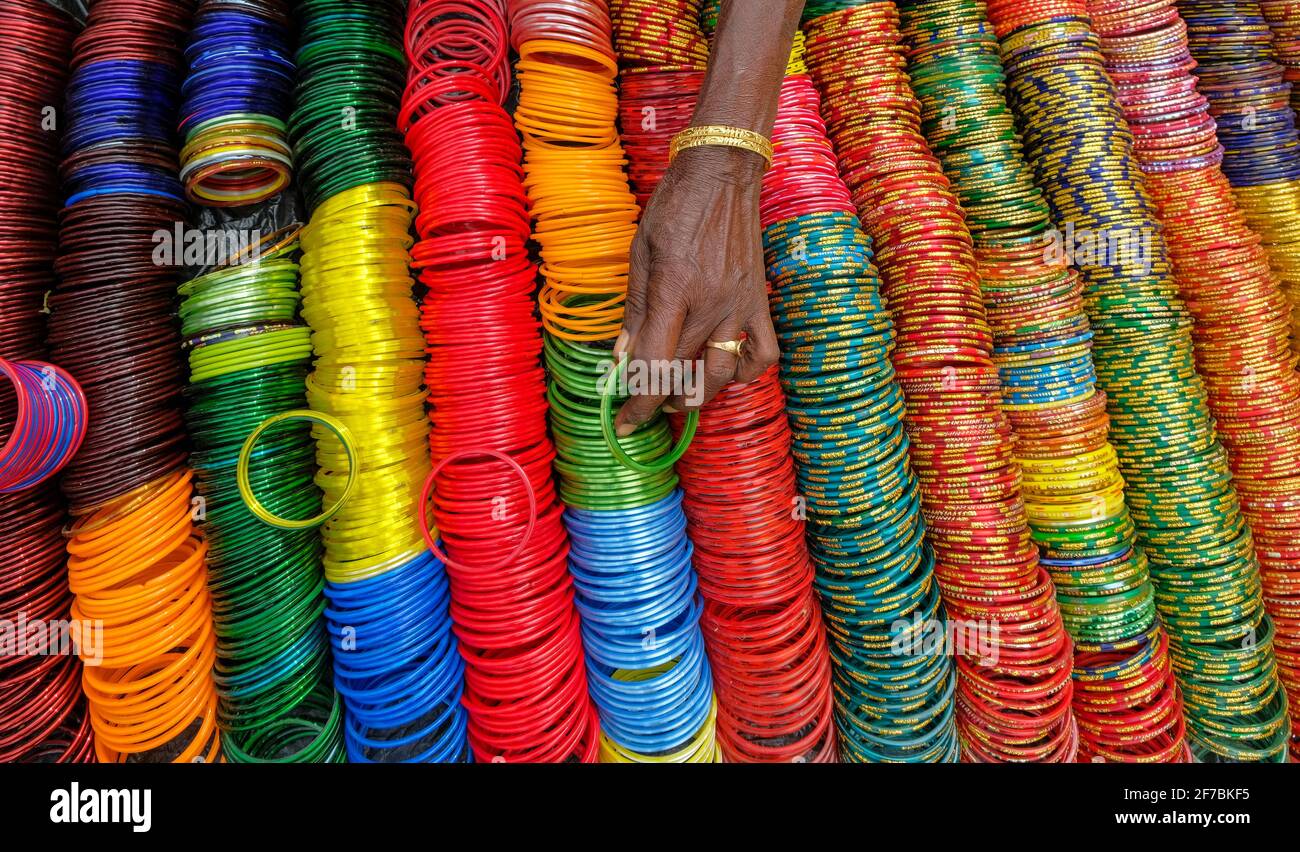 Bracelets at a market stall in Kunduli, Odisha, India. Stock Photo