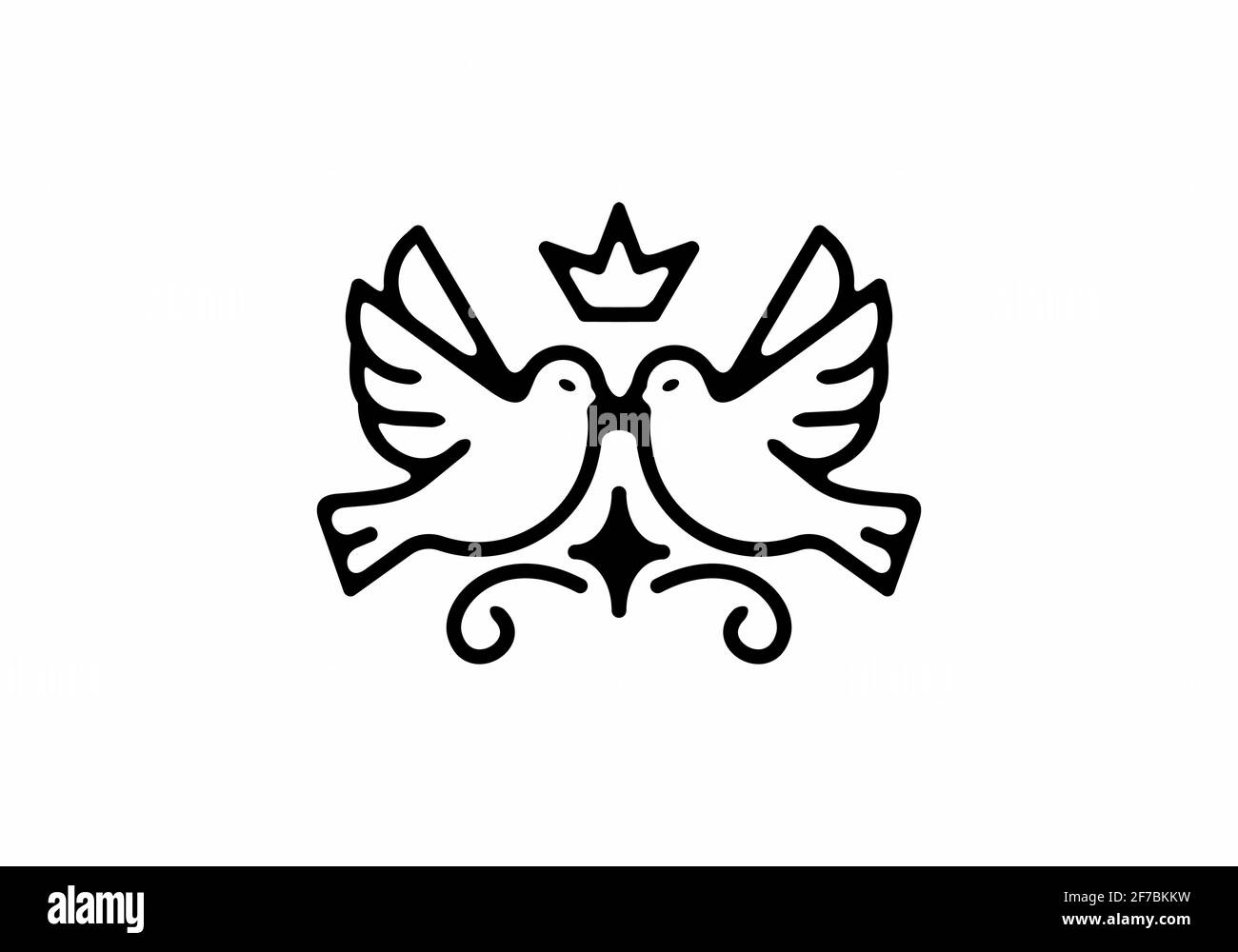 Twin dove with crown line art illustration tattoo design Stock Vector