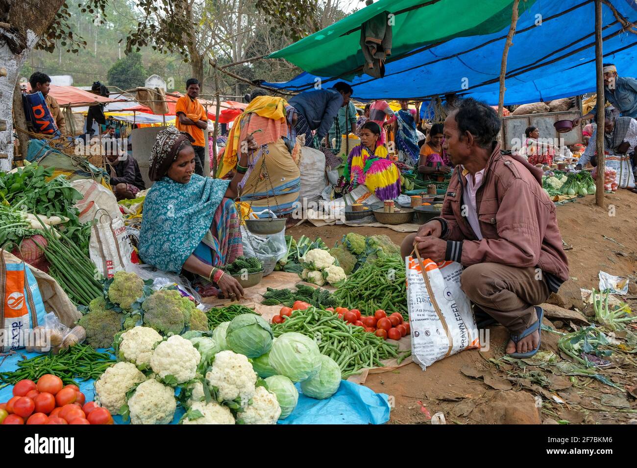 Kunduli, India - February 2021: Adivasi women from the Mali tribe selling vegetables in the Kunduli market on February 19, 2021 in Odisha, India. Stock Photo