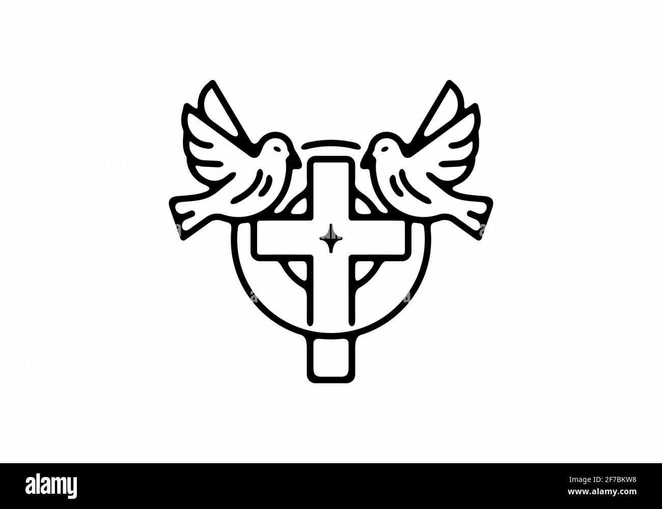 Cross and bird line art black and white tattoo design Stock Vector