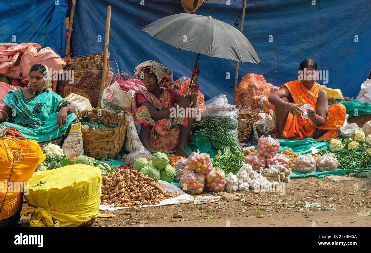 Kunduli, India - February 2021: Adivasi women from the Parojas tribe selling vegetables in the Kunduli market on February 19, 2021 in Odisha, India. Stock Photo