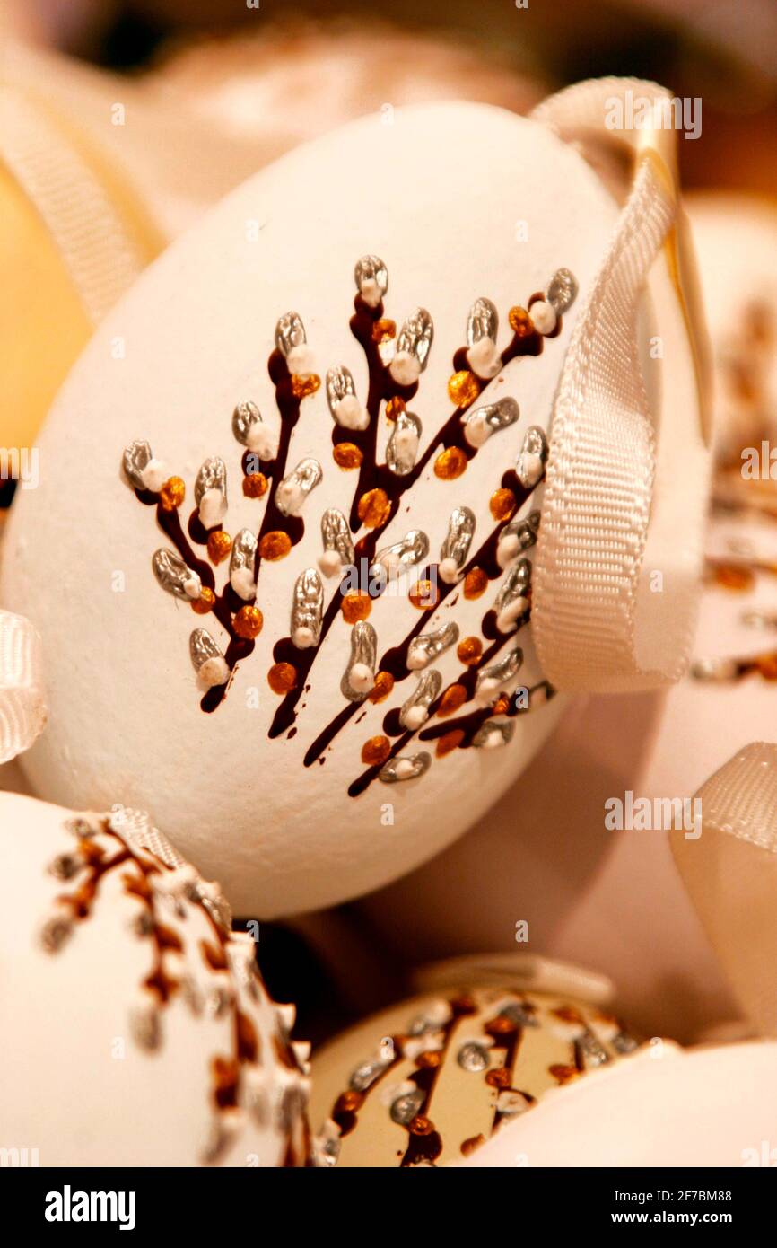 hand painted willow branches on Easter eggs Stock Photo