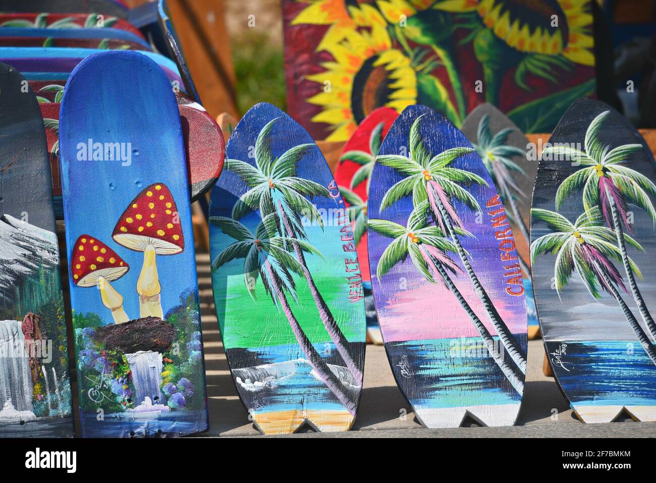Tropical colorful surfboards in Venice Beach, Los Angeles California