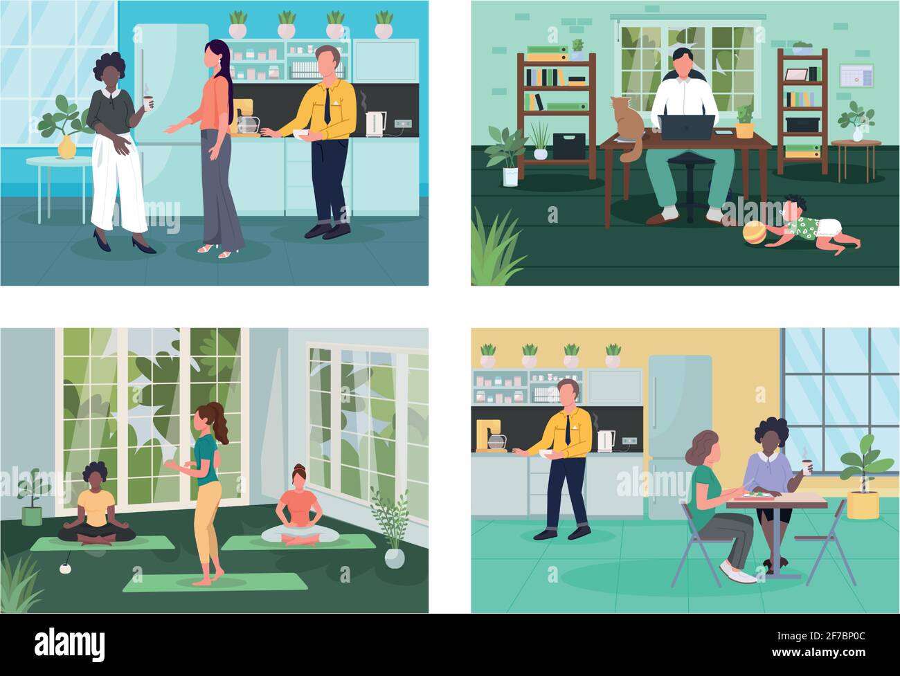 Corporate wellness flat color vector illustration set Stock Vector