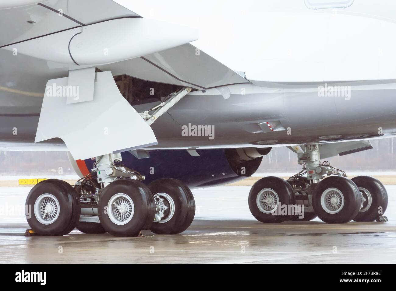 Two main landing gear with tires, view under the aircraft fuselage Stock Photo Alamy