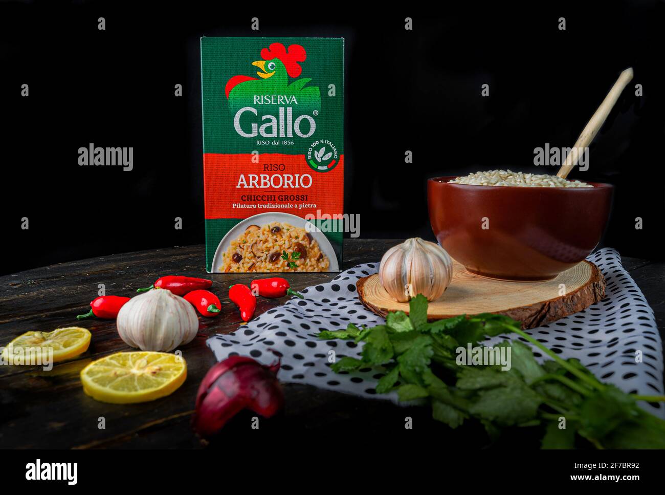 Closeup of packet italian riso arborio rice. Brand name Riserva GALLO Stock Photo