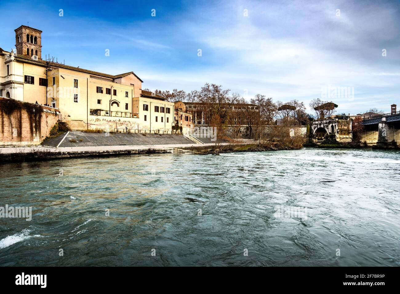 Isola Tiberina island, Ospedale Fatebenefratelli hospital, Torre Caetani tower and Tevere river Isola Tiberina island, Ospedale Fatebenefratelli hospital, Torre Caetani tower and Tevere river