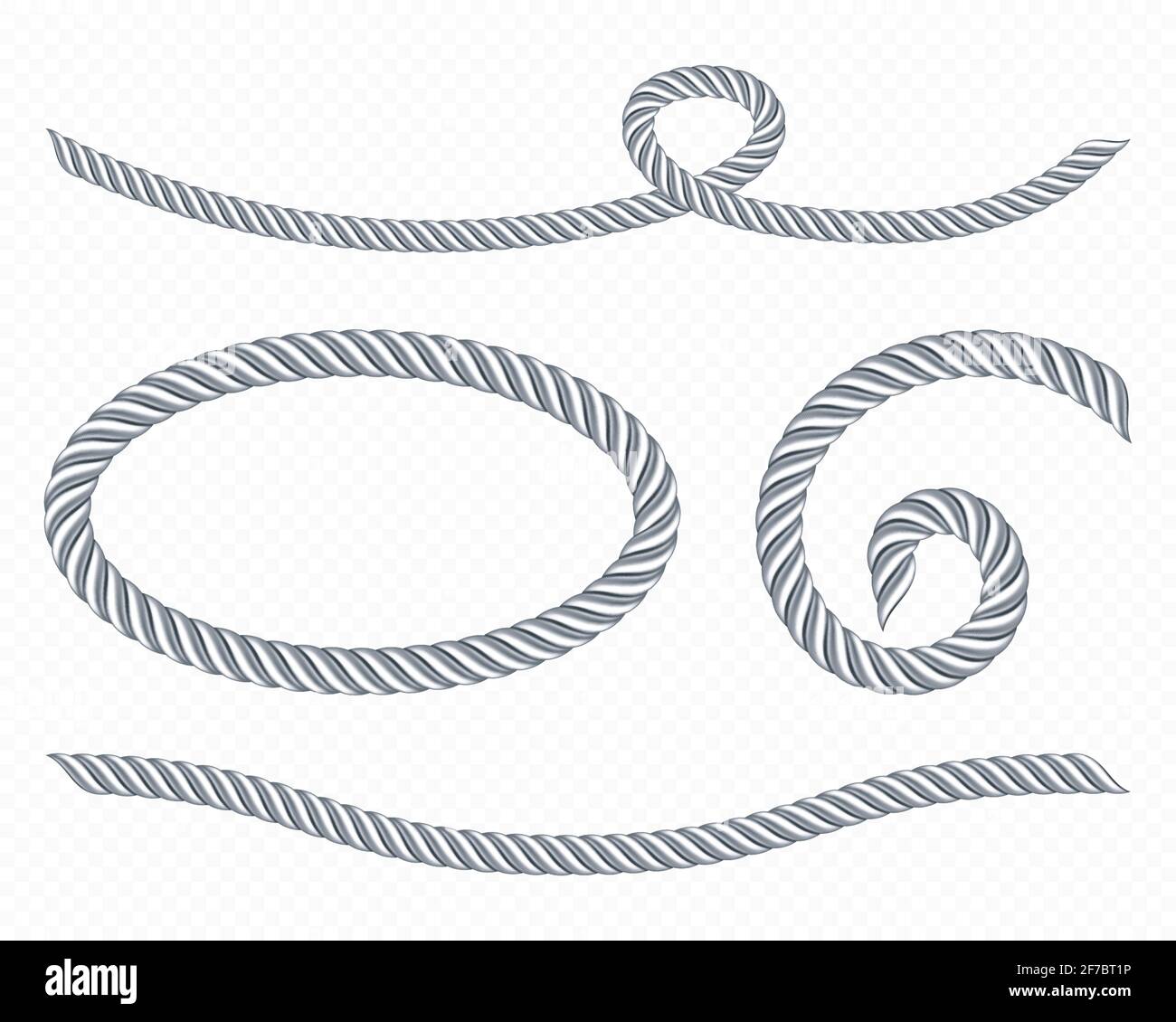 Silver ropes, frame of twisted twines isolated on white background. Vector realistic set of 3d metal satin cords in shape of oval, swirl, loop and wavy line. Decoration borders of silk strings Stock Vector