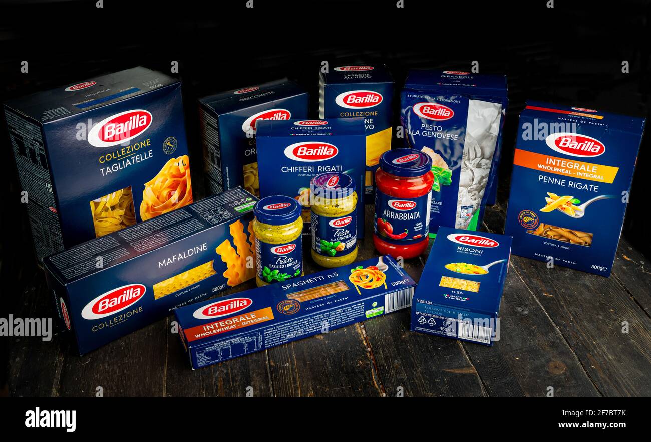 BARILLA products. Various types of pasta, spaghetti, sauces. Barilla