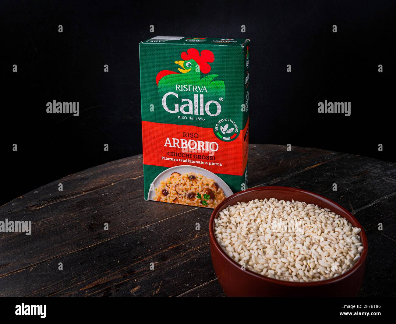 Closeup of packet italian riso arborio rice. Brand name Riserva GALLO Stock Photo