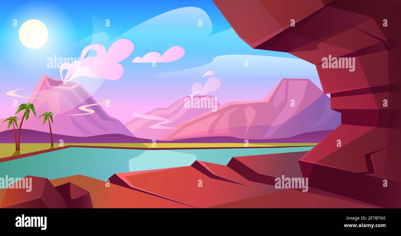 Prehistoric landscape with volcano, mountains, lake and palm trees. Summer scene with rocks, tropical plants and river. Vector cartoon illustration of volcanic eruption in jurassic time Stock Vector