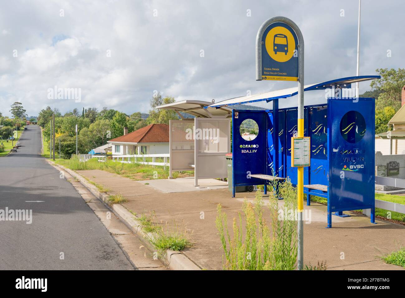 A double shelter bus stop at the rural town of Cobargo in southern New