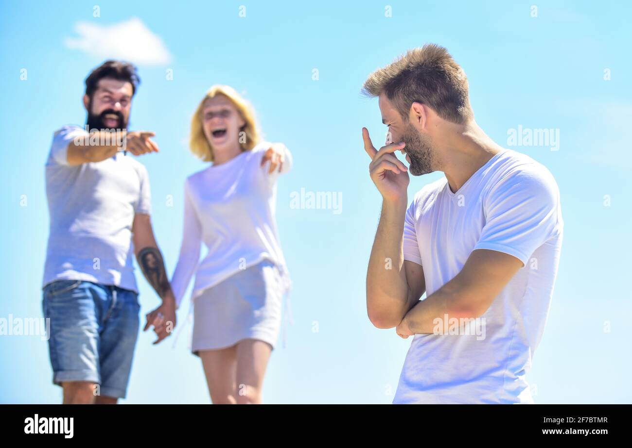 Cause for suffering. Love triangle. Jealous feeling. Betrayal and divorce. Jealous spouse. Negative influence jealous. Family psychology. Relationship Stock Photo