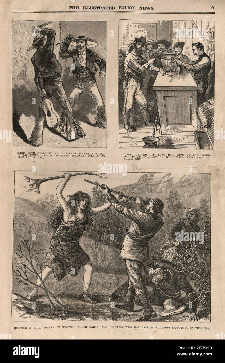 Page from the Illustrated Police News, Scene from the American Wild West, 1880s, 19th Century Stock Photo