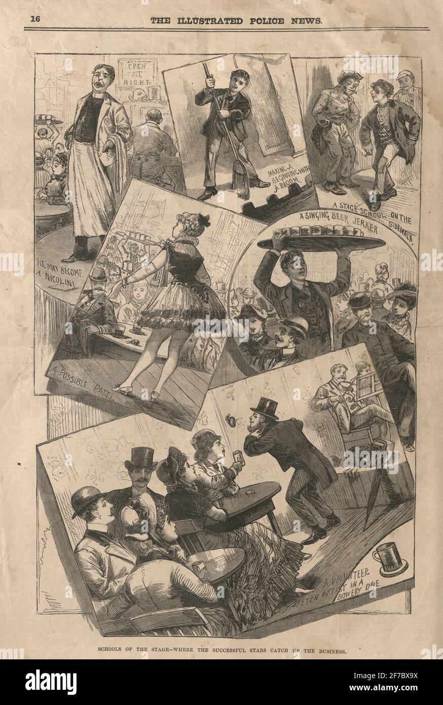 Schools of the stage, Where the successful stars catch up the business, In the Bowery, Manhattan, New York, Victorian, 1883, 19th Century Stock Photo