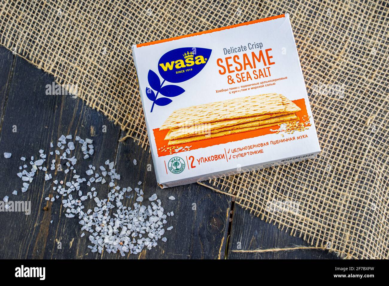 Russia, Kazan, 06 April 2021: Wasa delicious crisps with sesame and sea salt. Wasa is the world's largest Baker, selling its products in 40 countries, from Scandinavia to America. Stock Photo