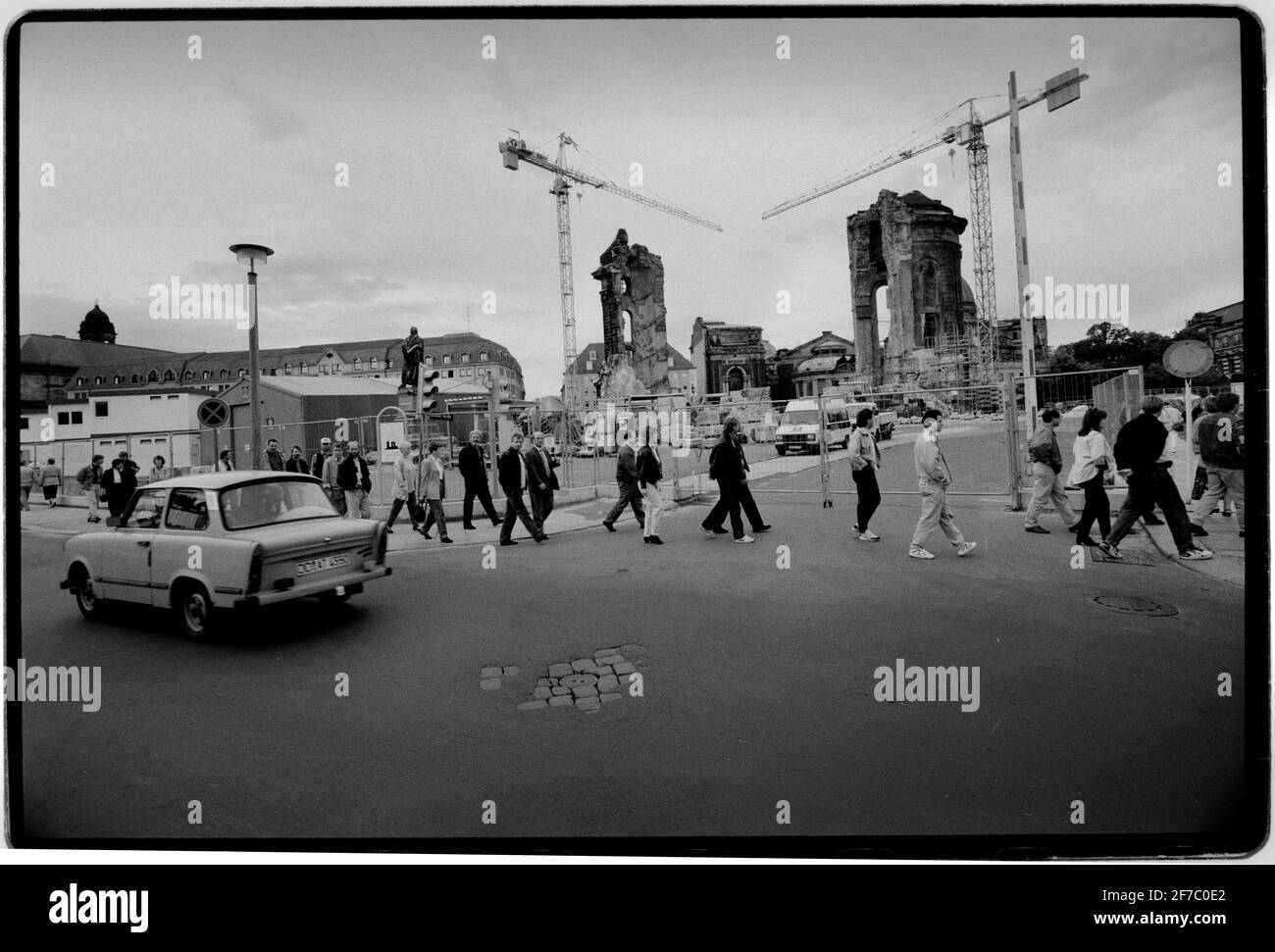 Dresden Eastern Germany after reunification 1994 Seen here The ruins of the Dresden Frauenkirche destroyed during bombing in February  1945 being prepared for reconstruction. The Dresden Frauenkirche  Church of Our Lady is a Lutheran church in Dresden, the capital of the German state of Saxony.  Built in the 18th century, the church was destroyed in the bombing of Dresden during World War II. The remaining ruins were left for 50 years as a war memorial, following decisions of local East German leaders. The church was rebuilt after the reunification of Germany, starting in 1994. The reconstruct Stock Photo