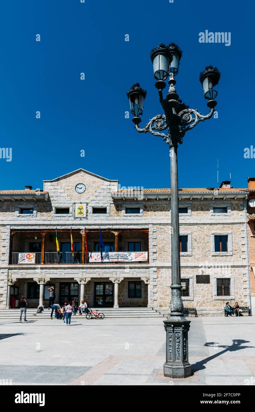 Manzanares el Real Picture of the town hall main square, known as plaza del pueblo. Stock Photo