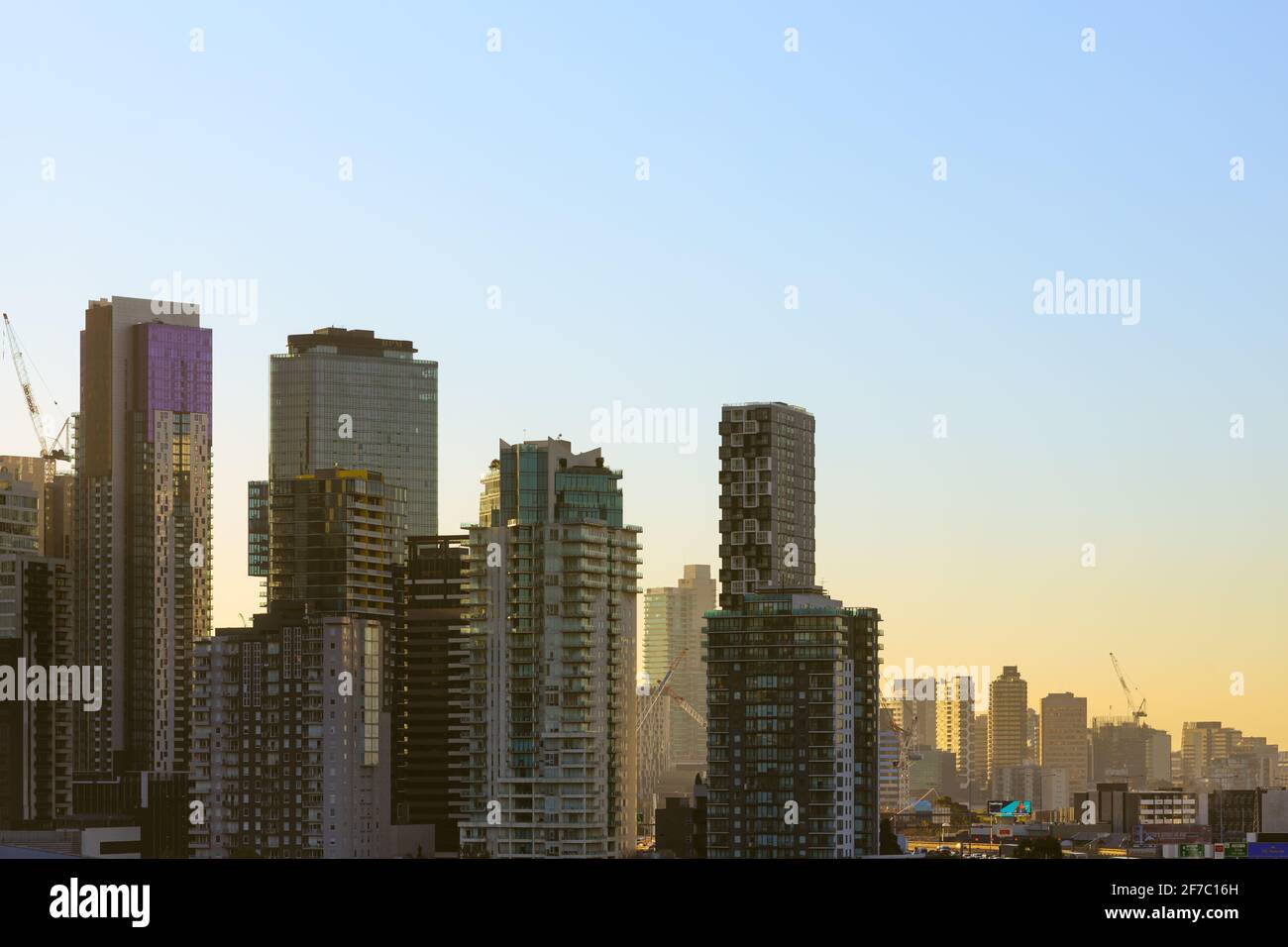 A general view of Southbank apartments and hotels at sunset. Stock Photo