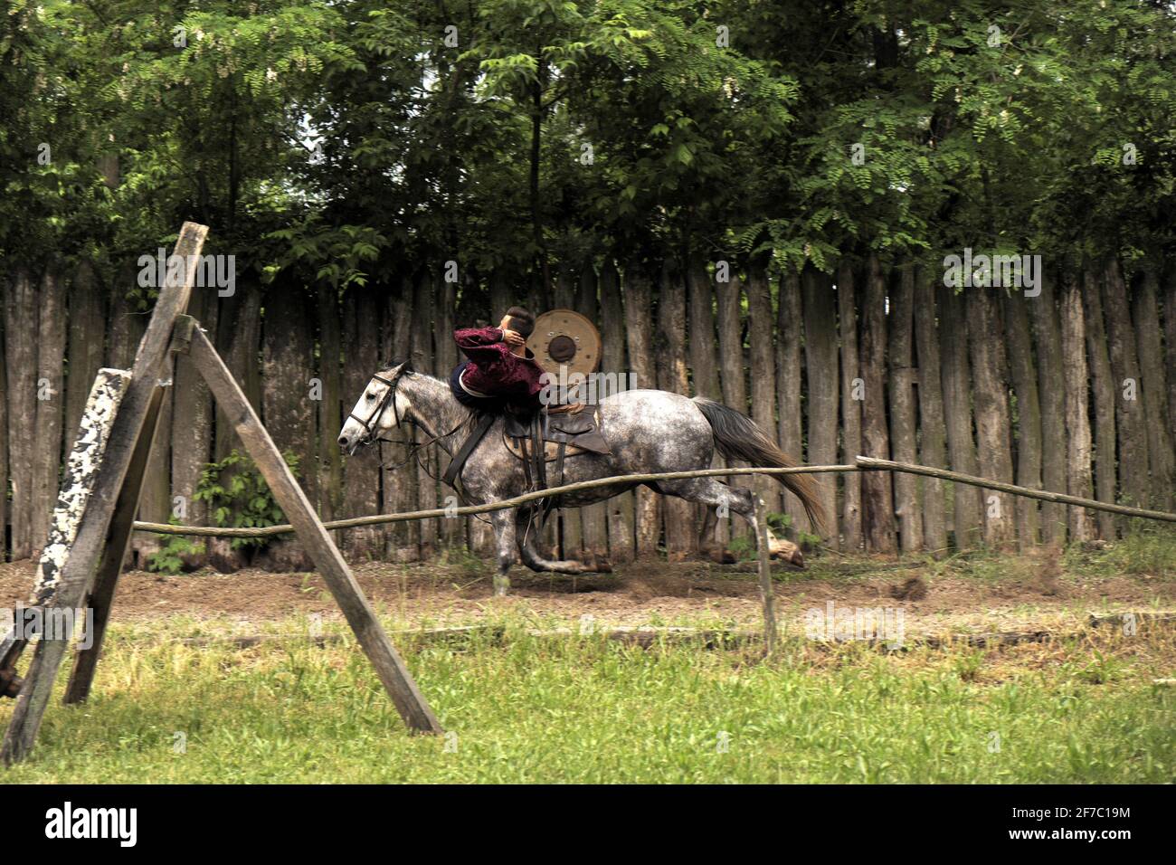 Display of Cossack horsemanship, Khortitsa Island, River Dnieper, Zaporozhye, Ukraine. Stock Photo