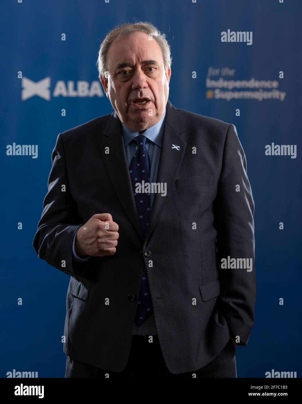 Aberdeenshire, Scotland, UK. 6th Apr, 2021. PICTURED: Alex Salmond, Leader of the Alba Party and Former First Minister of Scotland and former Leader of the Scottish National Party (SNP). Alex Salmond is the Candidate for North East Scotland for the Alba Party. Credit: Colin Fisher/Alamy Live News Stock Photo