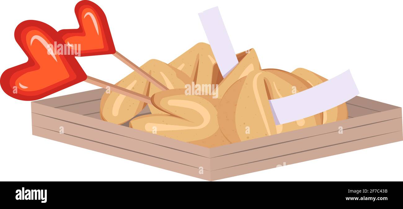 Chinese fortune cookies and red hearts candy in a wooden box. Pastries with white templates, pieces of paper for good luck Stock Vector
