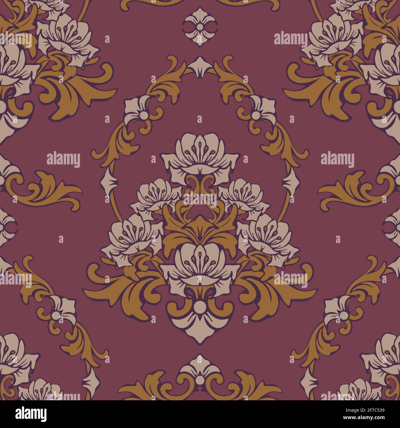 Seamless vector pattern with damask flower on purple background.  Rococo floral wallpaper design. Luxury baroque fashion textile. Stock Vector
