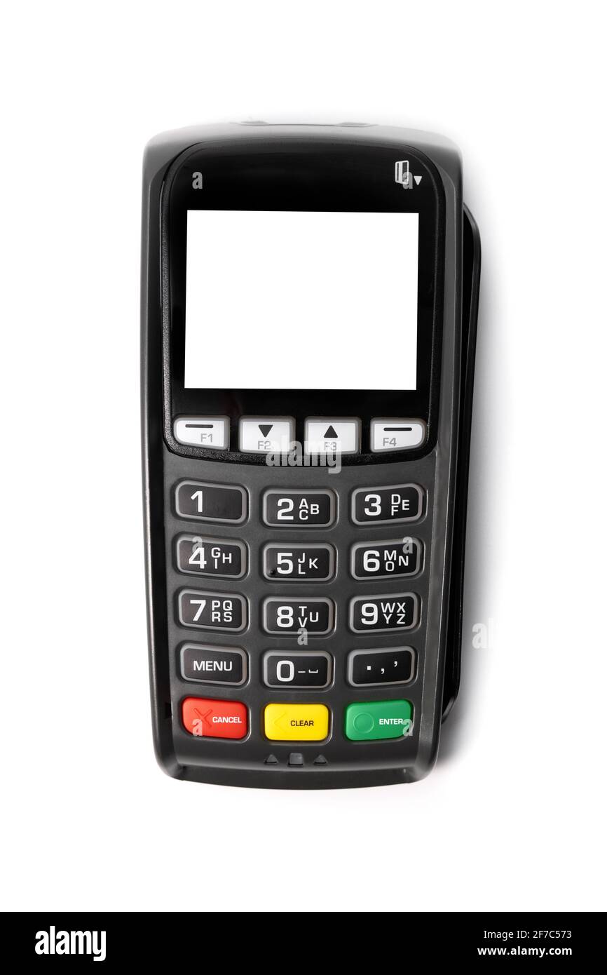 POS terminal. credit card payment machine isolated on white background. top view Stock Photo