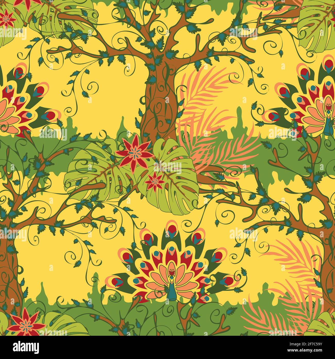 Seamless vector pattern with peacock forest on yellow background. Fantasy wallpaper design with trees and birds. Romantic landscape fashion fabric. Stock Vector