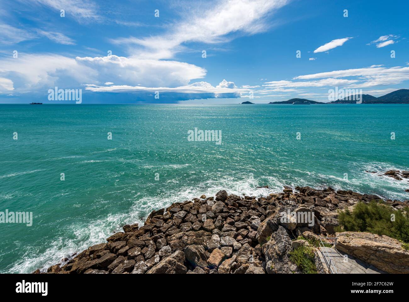 Beautiful seascape in the Gulf of La Spezia with storm clouds on