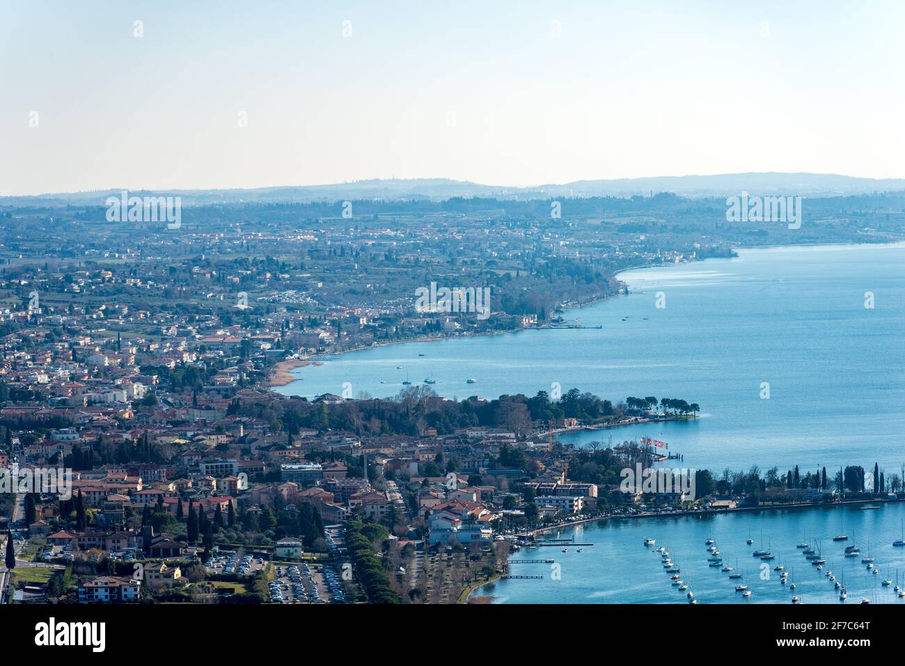 Aerial view of the Lake Garda (Lago di Garda) with the small villages
