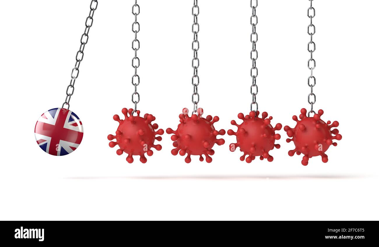 UK flag ball hits into a line of coronavirus molecules. 3D Rendering Stock Photo