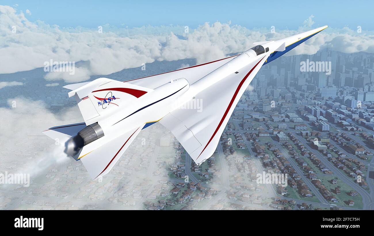 NASA handout. 6th April, 2021. Handout- NASA's X-59 Quiet SuperSonic Technology aircraft, or QueSST, is designed to fly faster than the speed of sound without producing a loud, disruptive sonic boom, which is typically heard on the ground below aircraft flying at such speeds. Instead, with the X-59, people on the ground will hear nothing more than a quiet sonic thump - if they hear anything at all. Credit: Abaca Press/Alamy Live News Stock Photo