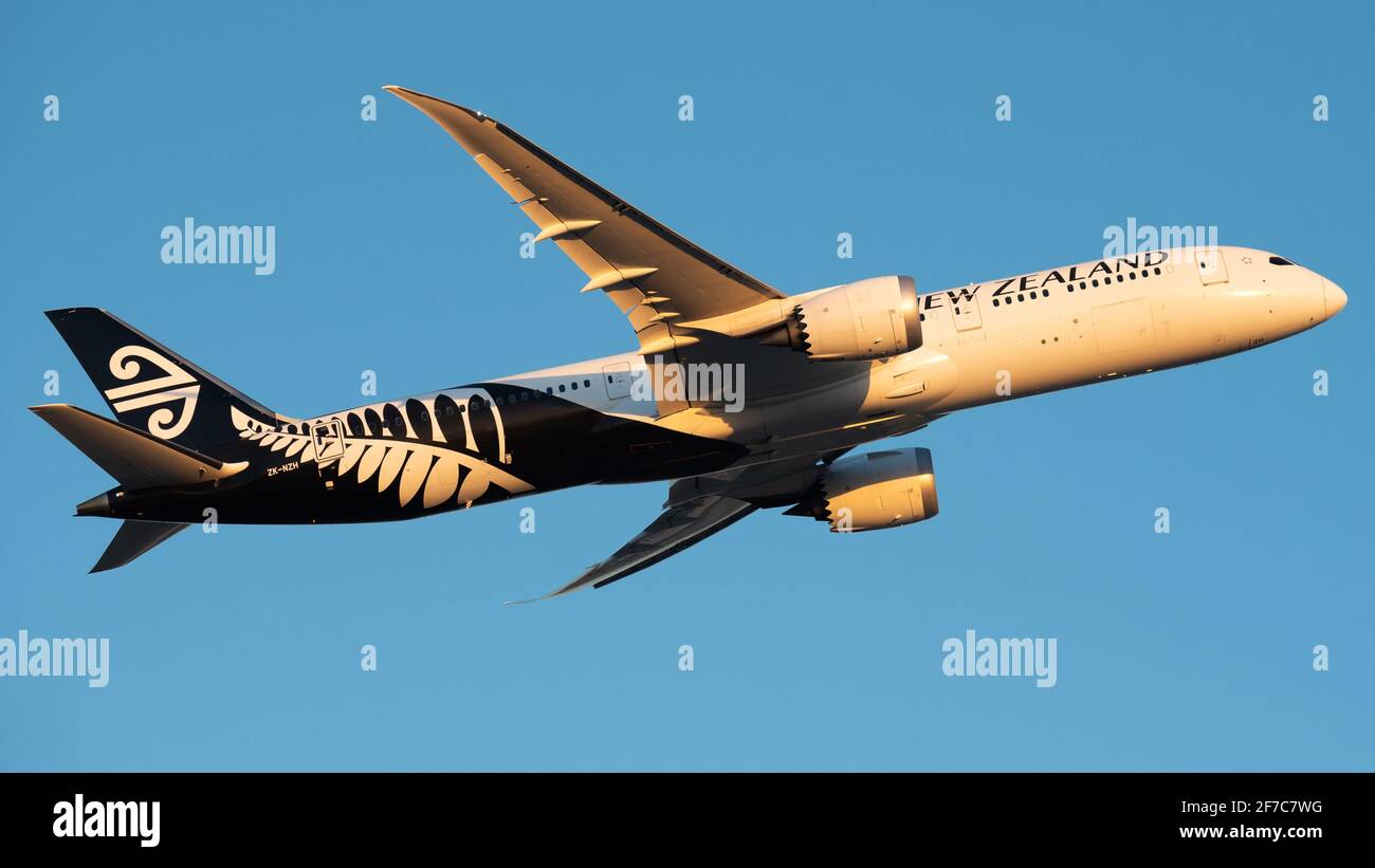 Boeing 787 Dreamliner of Air New Zealand on climb after take-off from Perth Airport, Western Australia Stock Photo