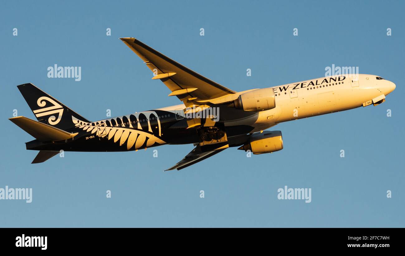 Boeing 777 of Air New Zealand on climb after take-off from Perth Airport, Western Australia Stock Photo