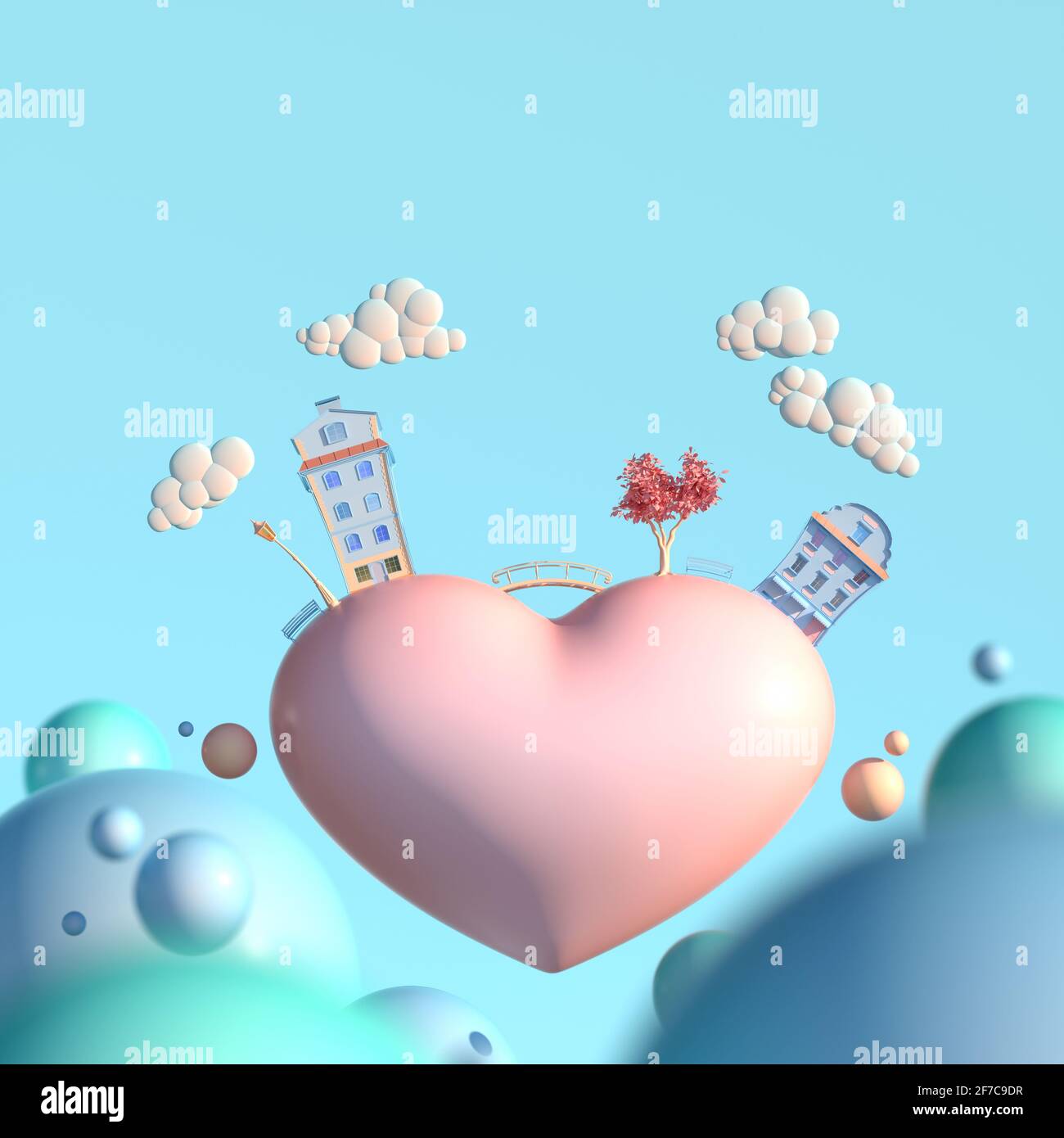Heart-shaped planet with houses in a cartoon world. 3d illustration Stock Photo
