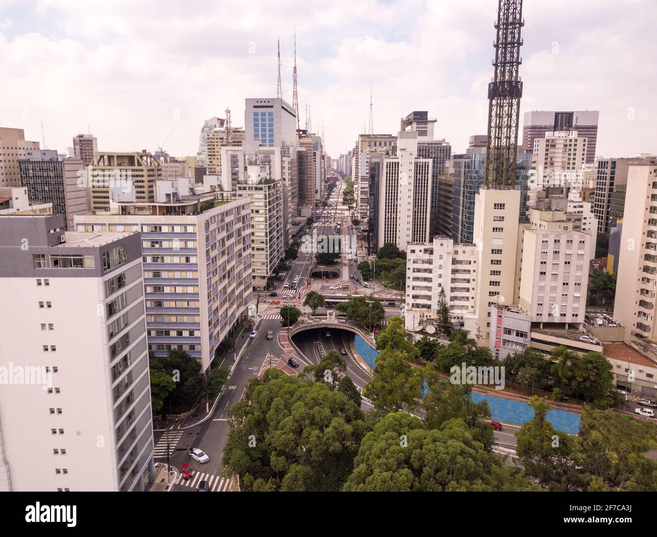 Beautiful aerial view of modern corporate buildings in Avenida Paulista street, São Paulo city skyline in sunny summer day. Concept of urban cityscape Stock Photo