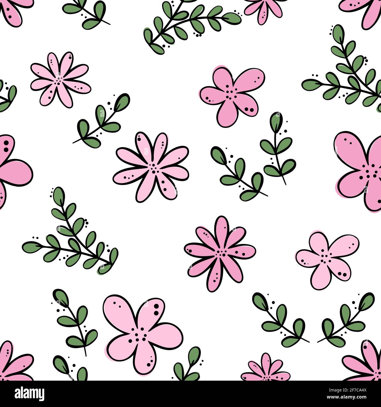 Seamless continuous pattern with flowers and leaves. Drawn pink flowers ...