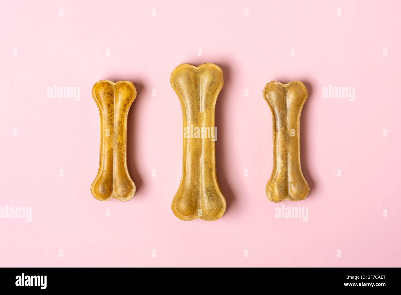 bone for dogs isolated on pink background Top view Flat lay Delicious treat for your beloved pet Food for animals concept. Stock Photo