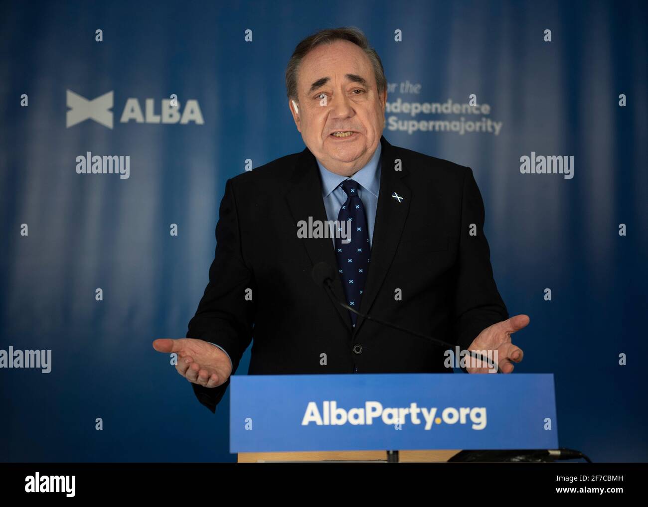 Aberdeenshire, Scotland, UK. 6th Apr, 2021. PICTURED: ALBA Party Leader and Former First Minister Alex Salmond launches the ALBA national campaign for the Scottish Parliament Elections on Thursday 6 May. Mr Salmond will set out the 'Route to Independence' on the Anniversary of the 1320 Declaration of Arbroath and will announce a new 'Declaration for Scotland'. Credit: Colin Fisher/Alamy Live News Stock Photo