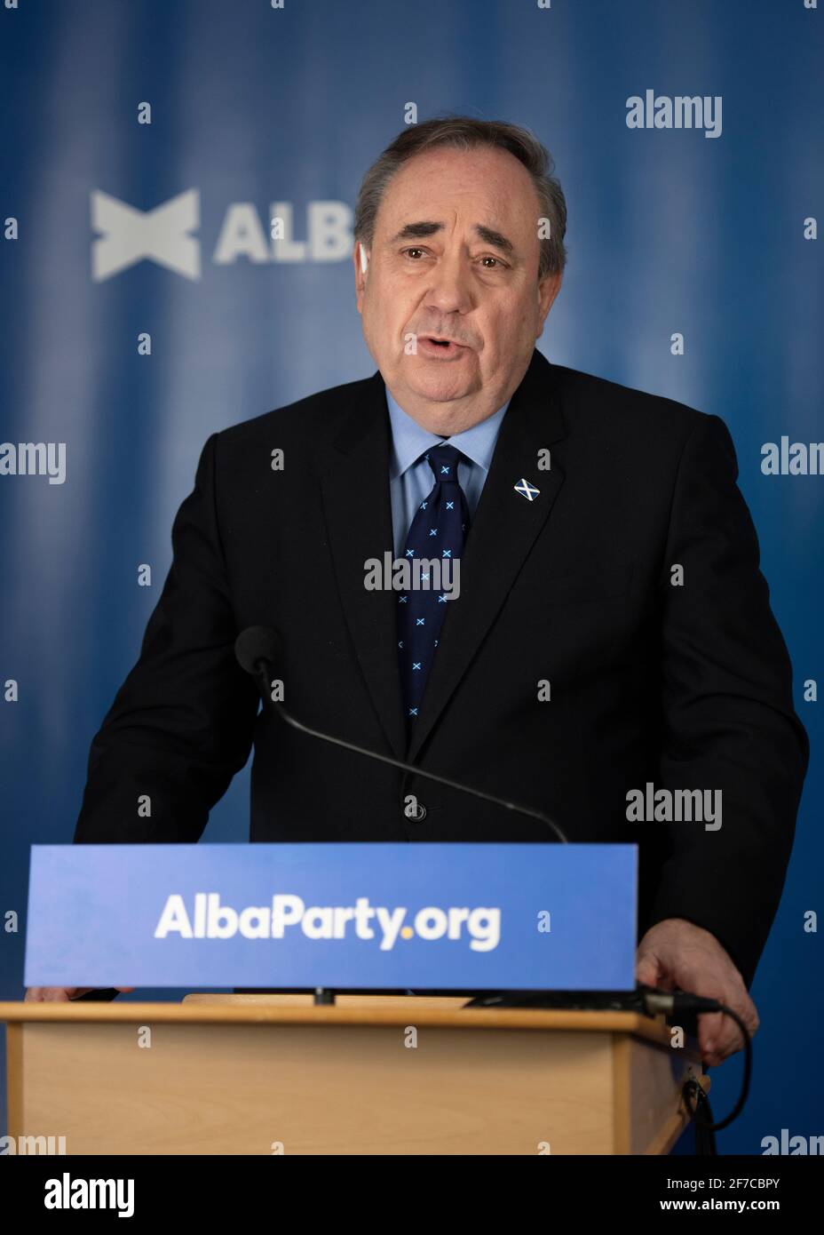 Aberdeenshire, Scotland, UK. 6th Apr, 2021. PICTURED: ALBA Party Leader and Former First Minister Alex Salmond launches the ALBA national campaign for the Scottish Parliament Elections on Thursday 6 May. Mr Salmond will set out the "Route to Independence" on the Anniversary of the 1320 Declaration of Arbroath and will announce a new "Declaration for Scotland". Credit: Colin Fisher/Alamy Live News Stock Photo