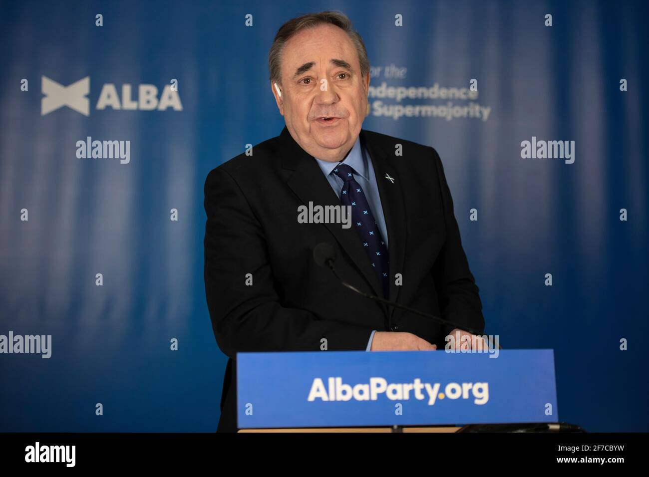 Aberdeenshire, Scotland, UK. 6th Apr, 2021. PICTURED: ALBA Party Leader and Former First Minister Alex Salmond launches the ALBA national campaign for the Scottish Parliament Elections on Thursday  6 May.  Mr Salmond will set out the 'Route to Independence' on the Anniversary of the 1320 Declaration of Arbroath and will announce a new 'Declaration for Scotland'. Credit: Colin Fisher/Alamy Live News Stock Photo