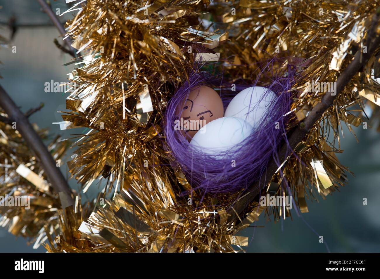 Hackney. London. Decorated hens' eggs in a nest as an Easter decoration. Stock Photo