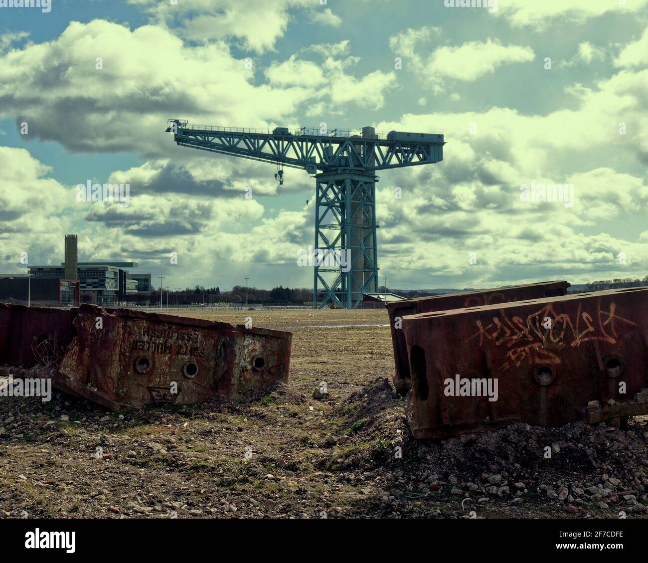 Clydebank, Glasgow, Scotland, UK. 6th  April, 2021. UK  Weather: Sunny Clyde Titan shipbuilding crane in the now levelled John Brown shipyard builders of the Queen Mary and Elizabeth cunard liners and HMS Hood. Credit: Gerard Ferry/Alamy Live News Stock Photo