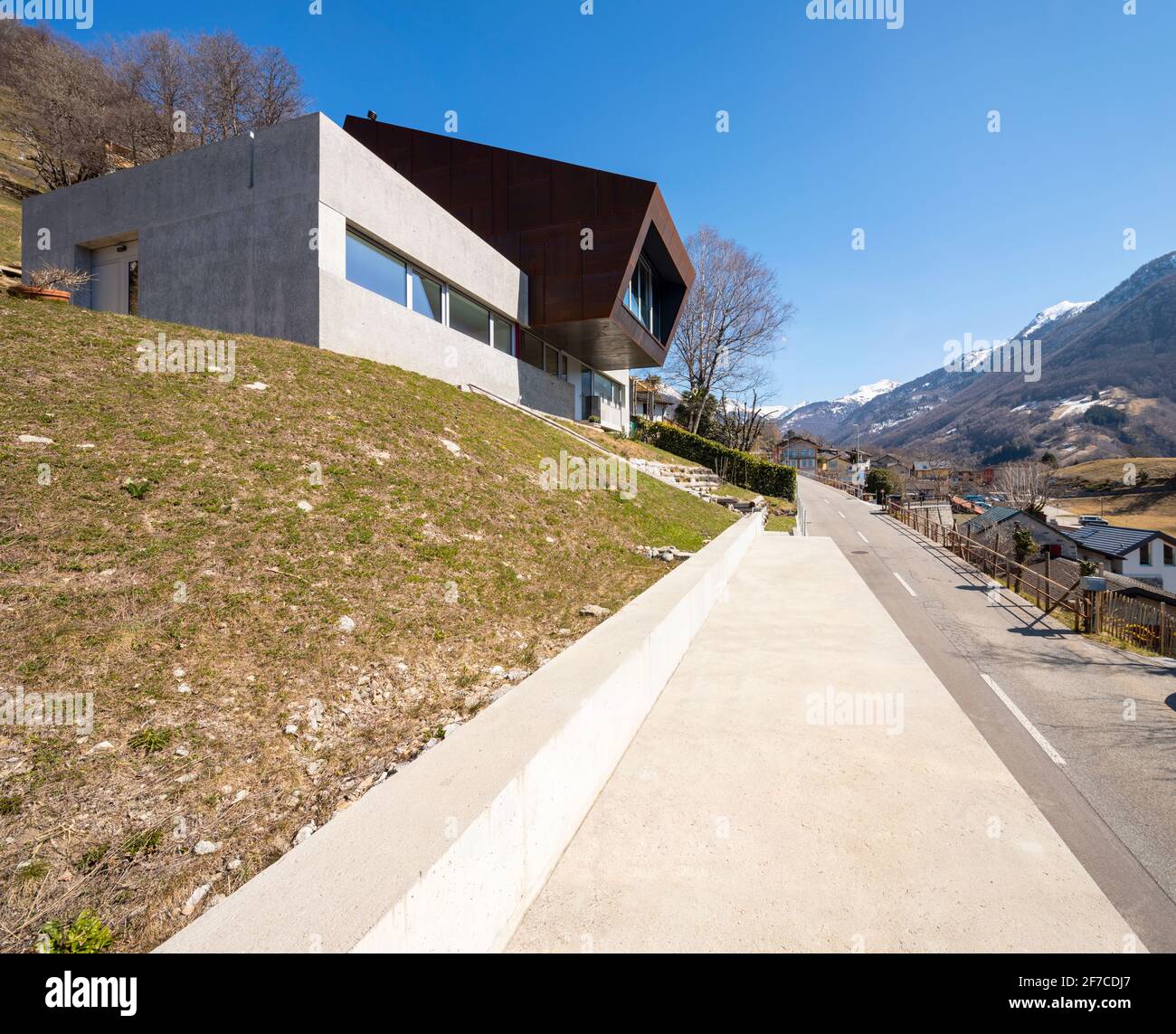 Exterior modern isolated villa, surrounded by nature. Iron and concrete ...