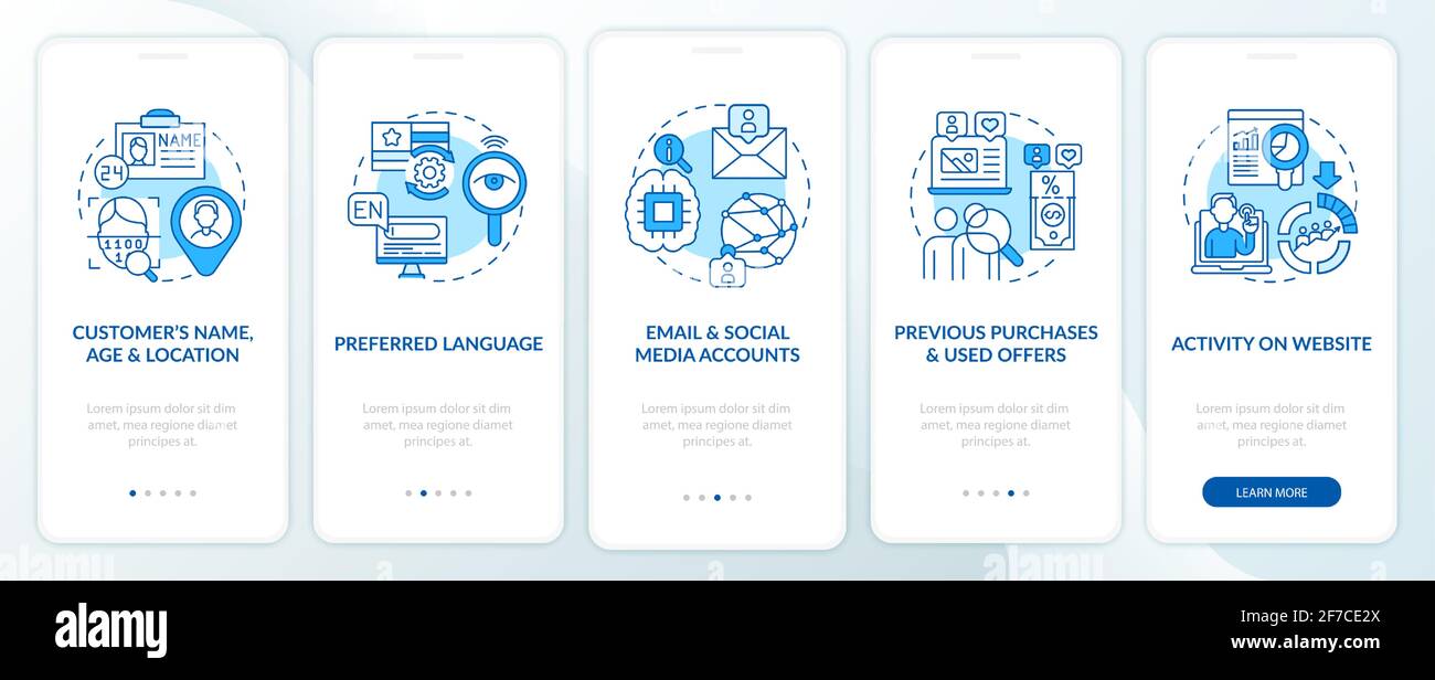 Smart content analytics components blue onboarding mobile app page screen with concepts Stock Vector