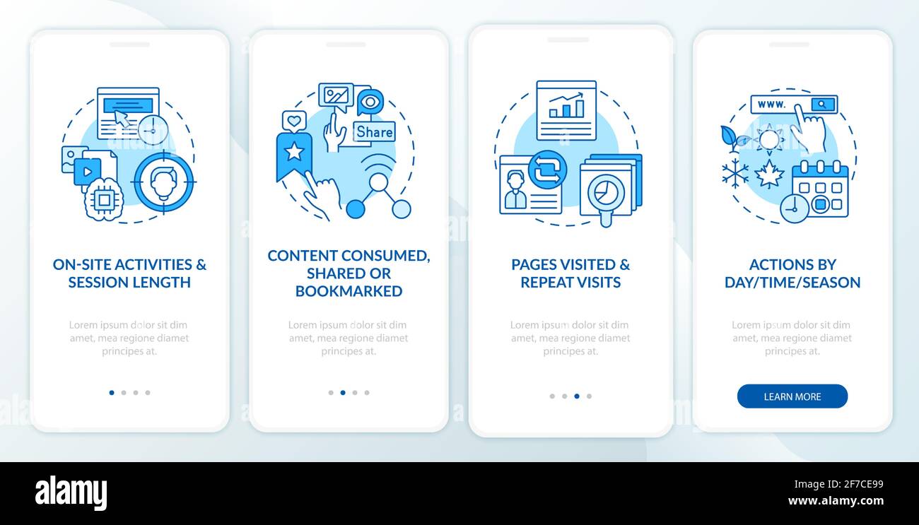 User behaviour analytics blue onboarding mobile app page screen with concepts Stock Vector