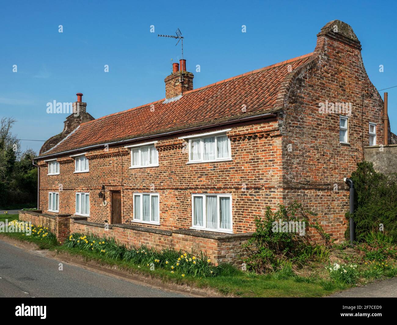 Long Cottage a listed building with Dutch gable ends in Arkendale near Knaresborough North Yorkshire England Stock Photo